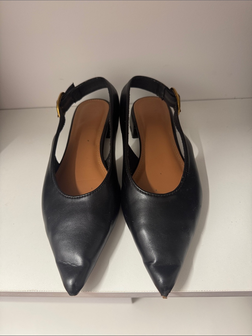 ASOS Black Pointed Leather Slingback Mules with Gold Buckle